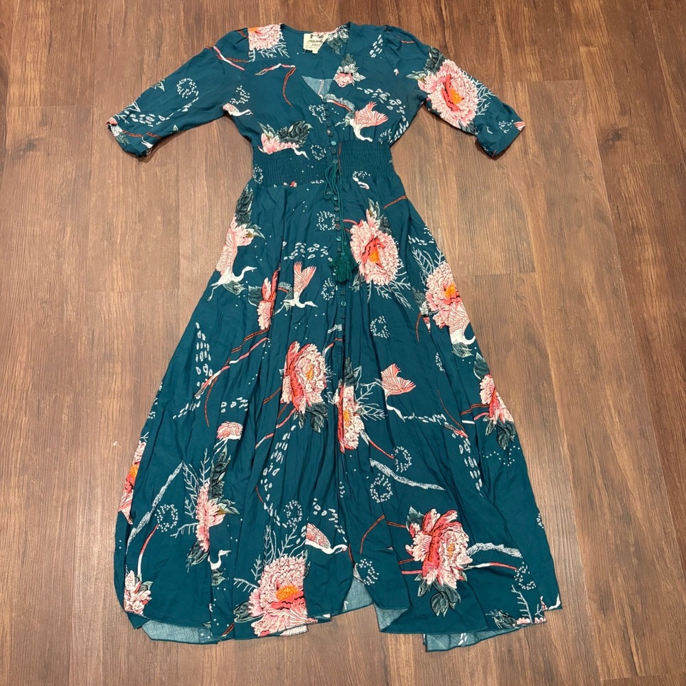 Jaase "Bsynthe" Teal Crane Chinoiserie Print Whimsigoth Boho Maxi Rayon Dress S